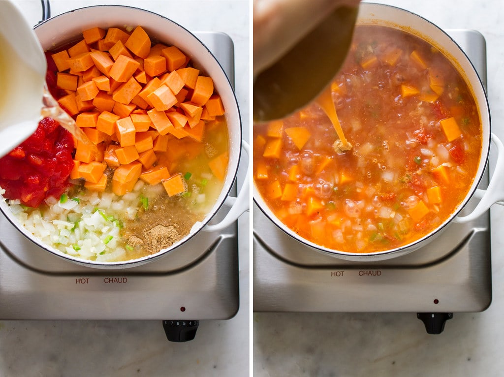 side by side photos showing the process of sauteeing and simmering vegan west African stew.