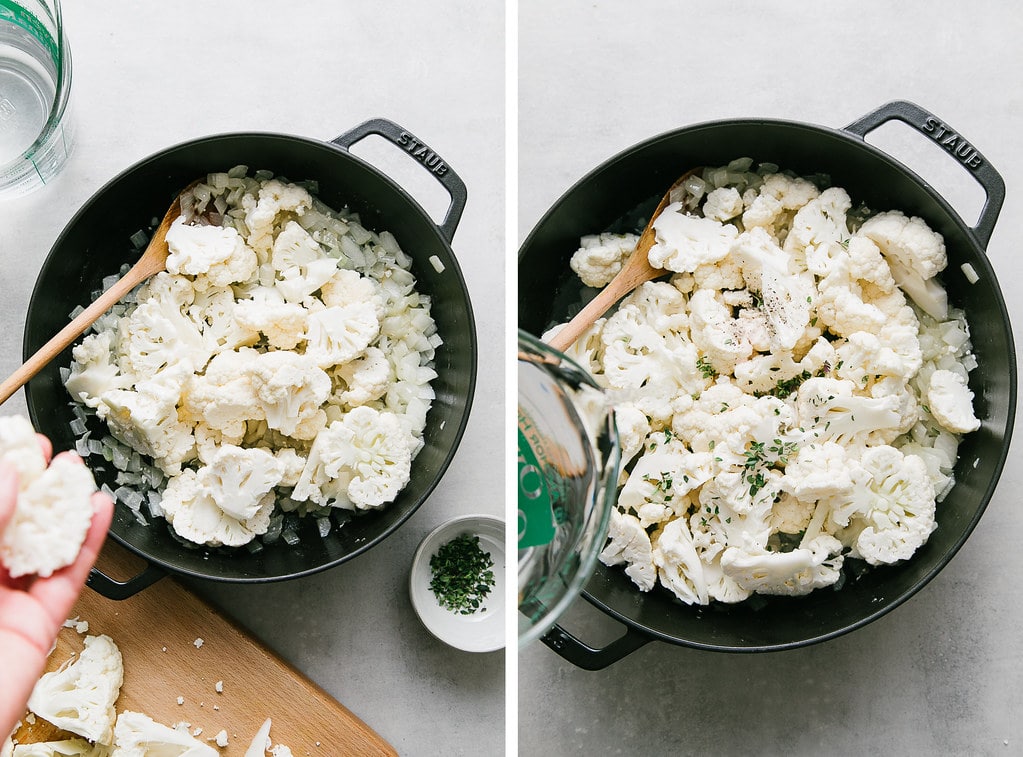 side by side photos showing the process of making the best vegan cauliflower soup.