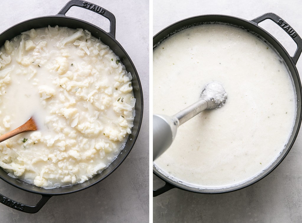 side by side photos showing the process of pureeing creamy cauliflower soup with stick blender.