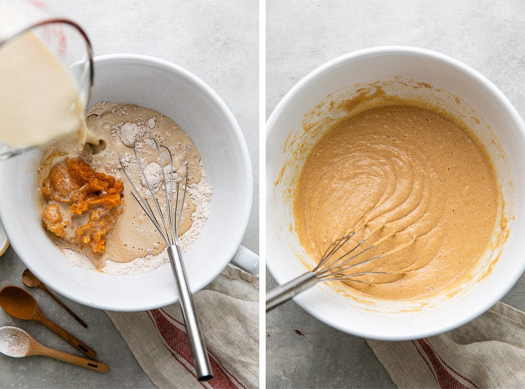 side by side photos showing the process of making pumpkin pancake batter.