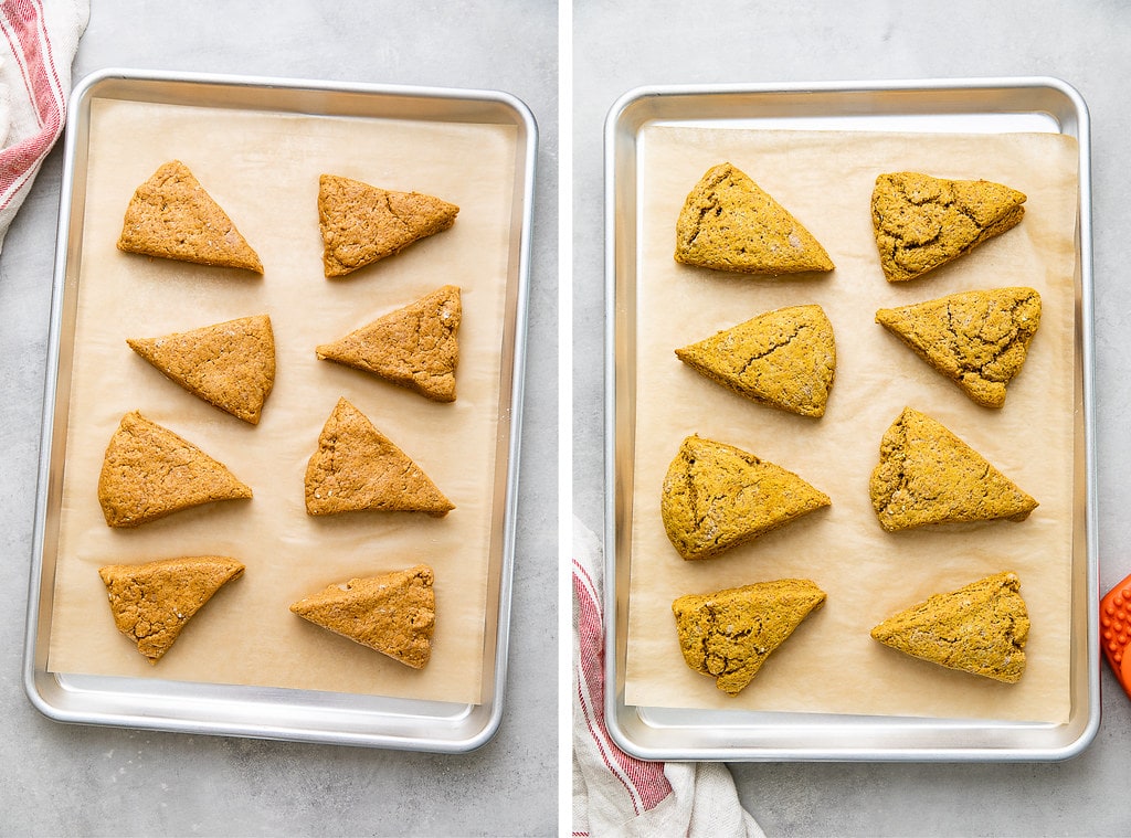 side by side photos of pumpkin scones on a baking sheet before and after baking.