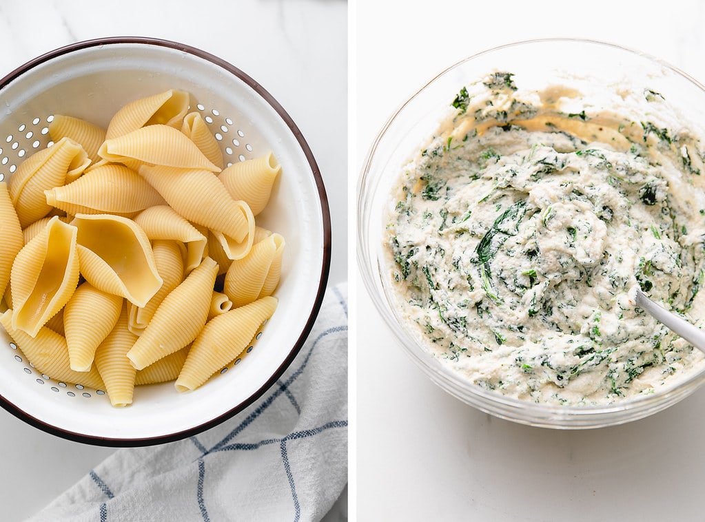 side by side photos of cooked jumbo shells and vegan spinach ricotta.