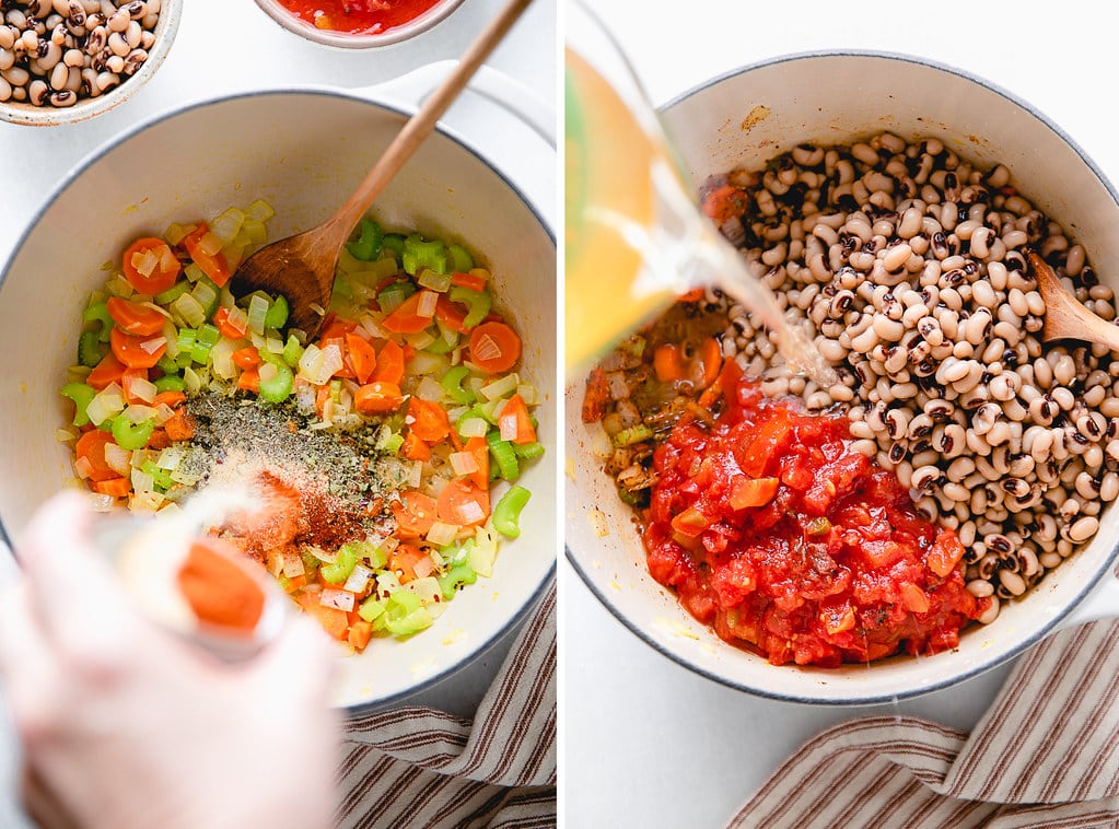 side by side photos showing the process of making black eyed pea soup in a dutch oven.