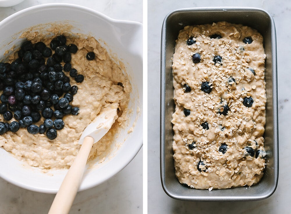 side by side photos of the process of making blueberry banana quick bread.