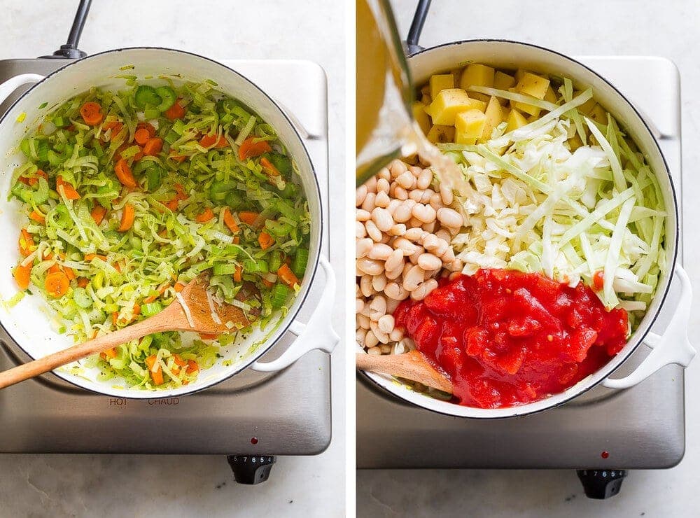 side by side photos showing the process of making cabbage potato and white bean soup.