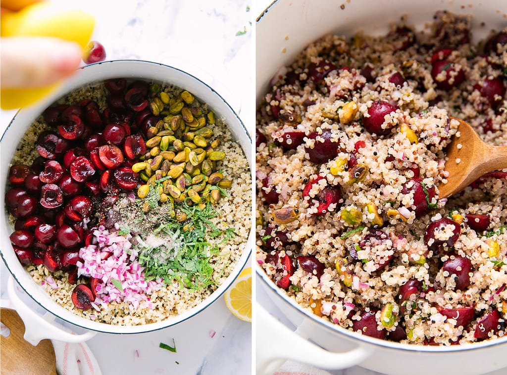 side by side photos showing the process of assembling cherry pistachio quinoa salad recipe.
