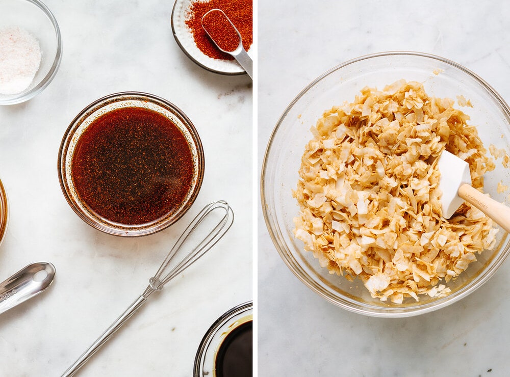 side by side photo of the process of mixing the coconut with coconut bacon seasonings.