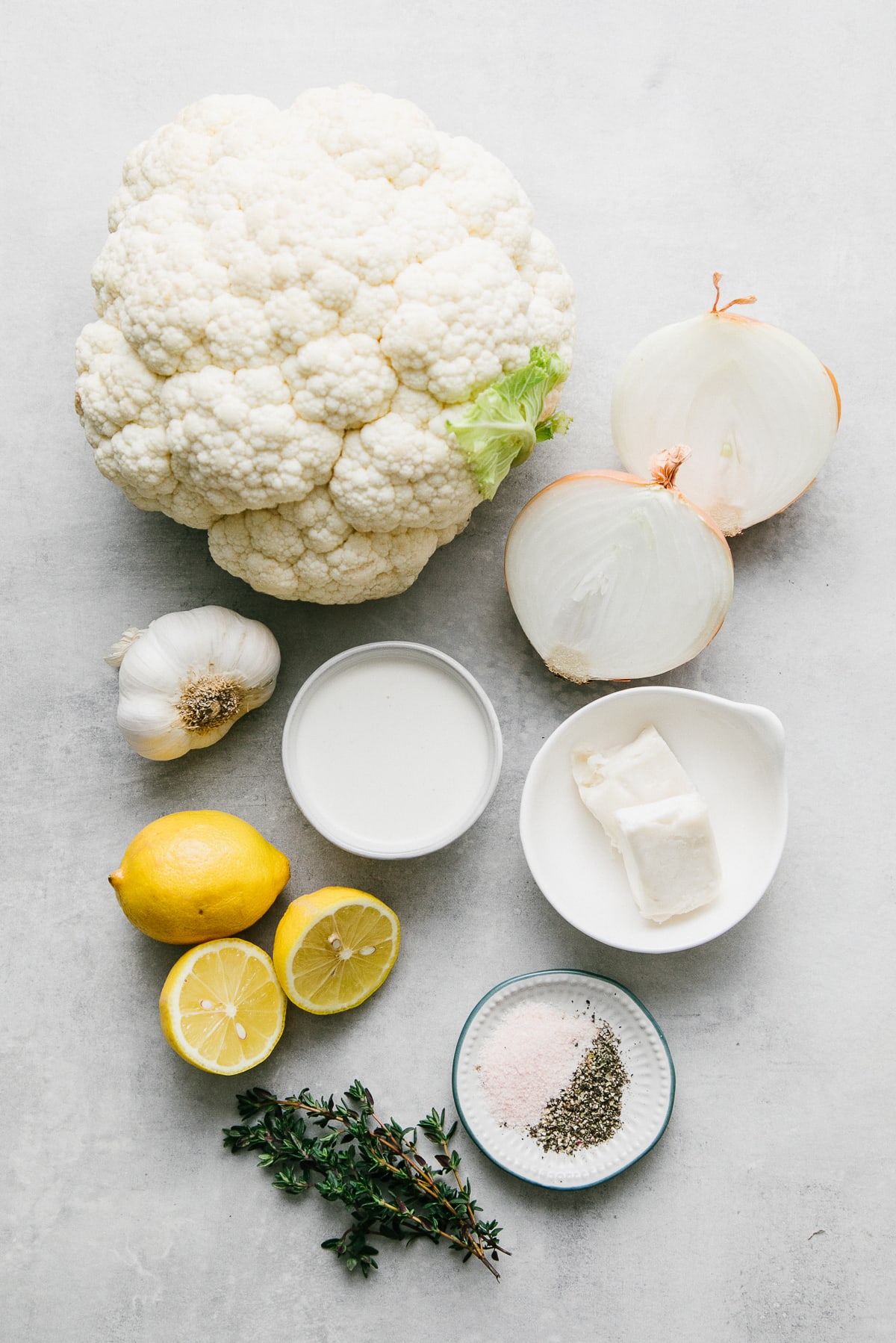 top down view of the ingredients used to make vegan cauliflower soup.