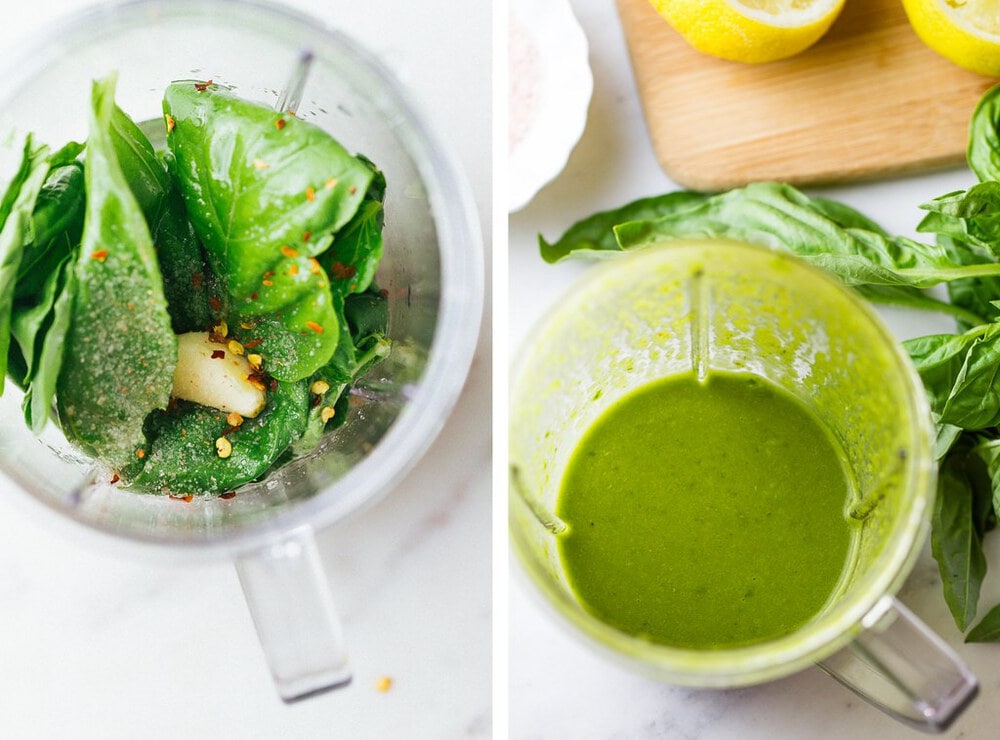 side by side picture of the process of making lemon basil vinaigrette in a small personal blender.