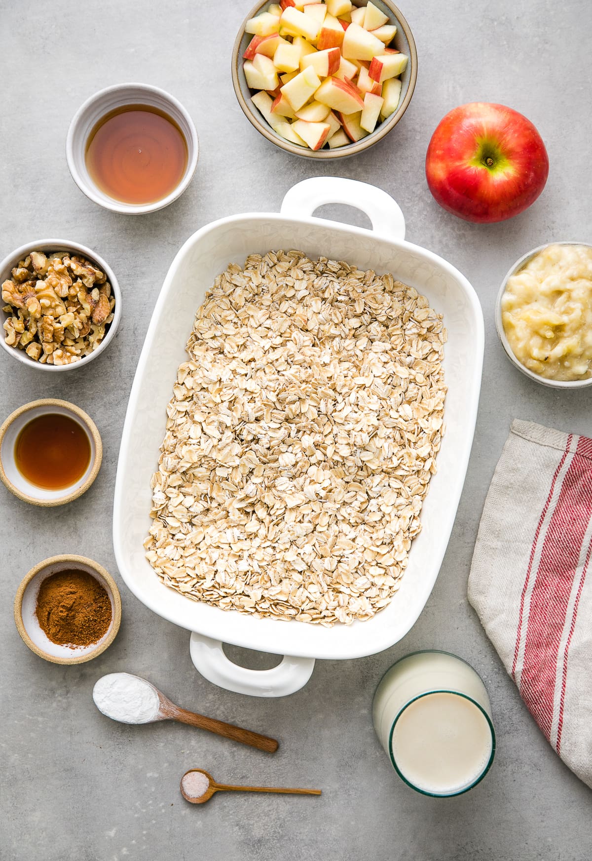 top down view of ingredients used to make the best healthy apple baked oatmeal.