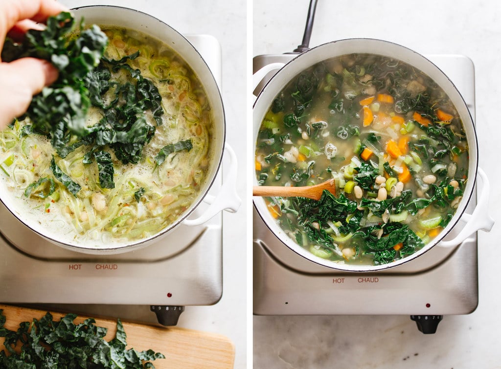 side by side photos of the process of adding freshly chopped kale to the pot making lemony kale and white bean soup with leeks.