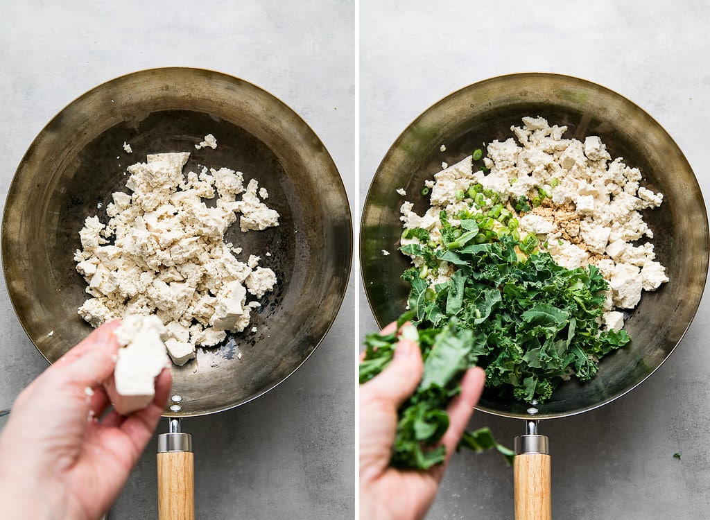 side by side photos showing the process of making tofu scramble with kale.