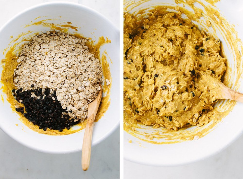 top down, side by side view of pumpkin oat muffin batter with oats and currents added, next to the batter finalized and ready for the muffin tin