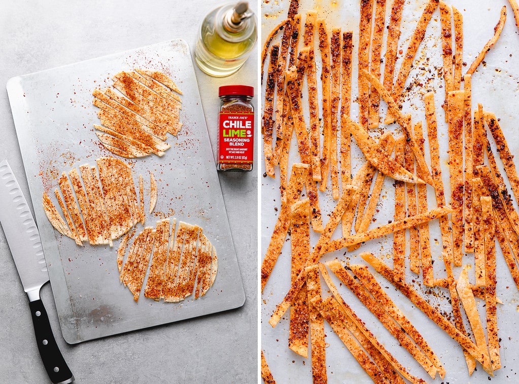 side by side photos showing the process of making crunchy tortilla strips.