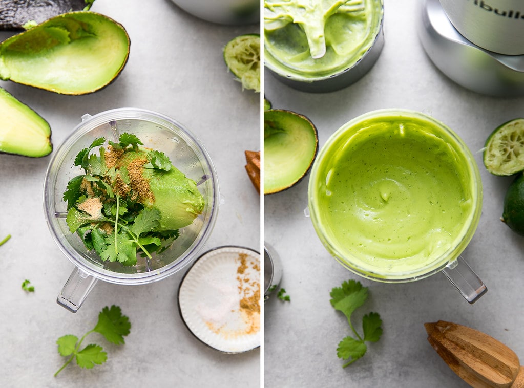side by side photos showing the process of making avocado-lime salad dressing.