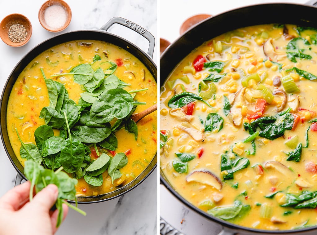 side by side photos showing the process of adding spinach to coconut corn curry soup.