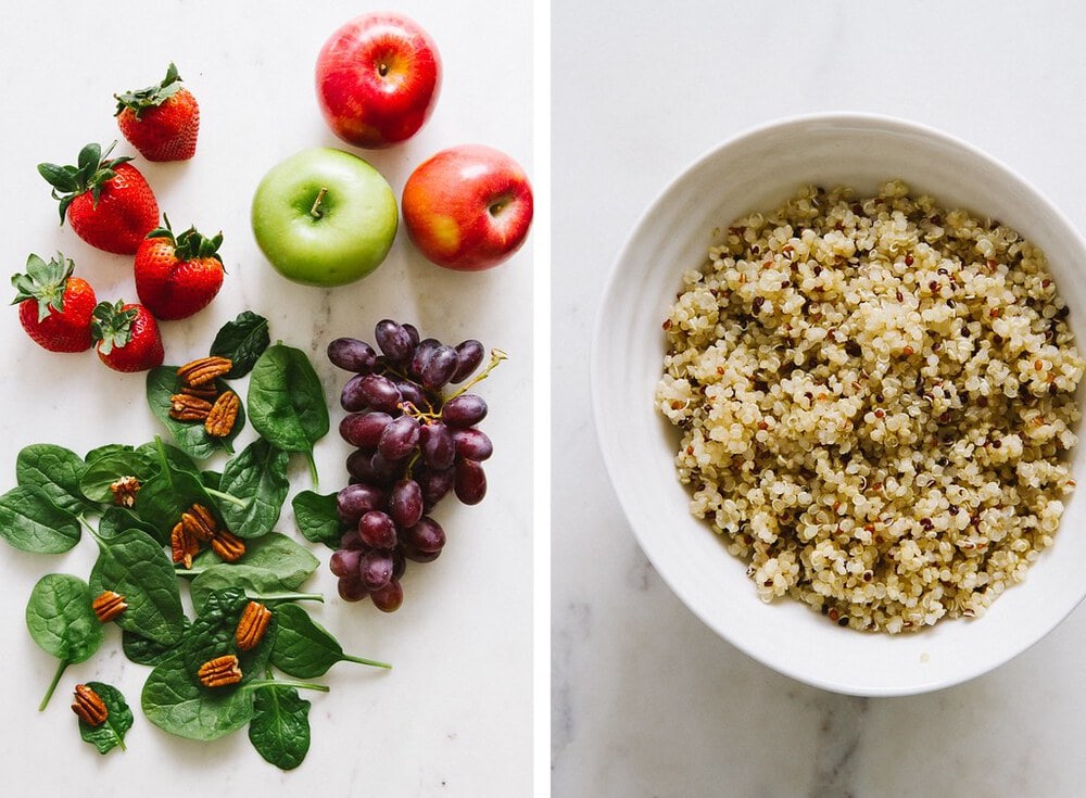 side by side photos of ingredients used to make strawberry, apple, quinoa and spinach salad.