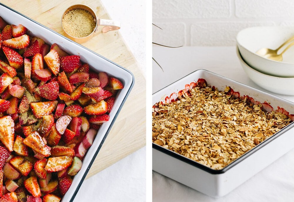 side by side pictures of the process of adding fruit and sugar to pan and topping with oatmeal mixture before baking.