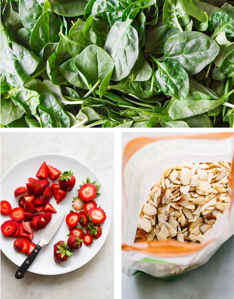 collage of strawberries, spinach and slivered almonds.