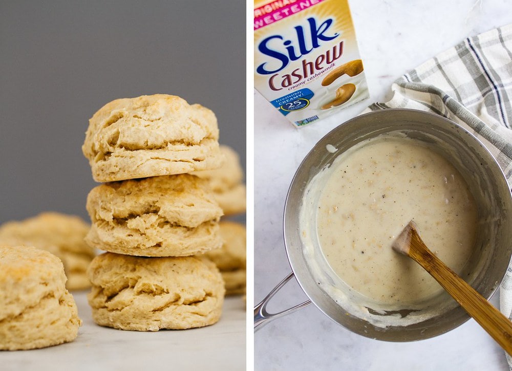 side by side pic of stacked vegan biscuits, next to pic of gravy in a pan just freshly made.