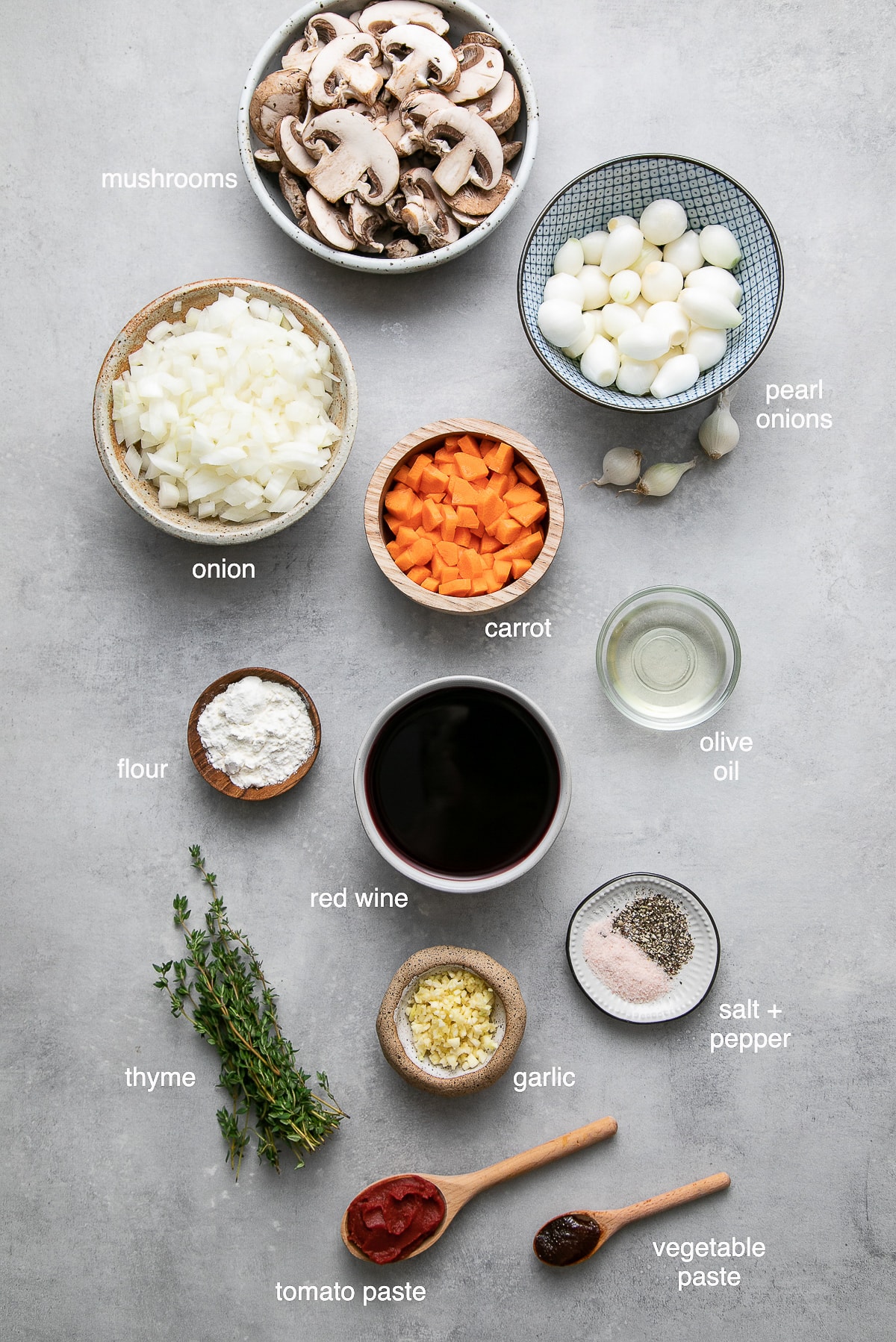 top down view of the ingredients used to make easy mushroom bourguignon.